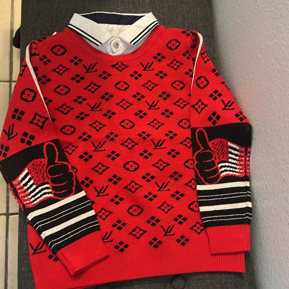 2pcs Kids Red Patterned Knit Sweater with Thumbs-Up Design